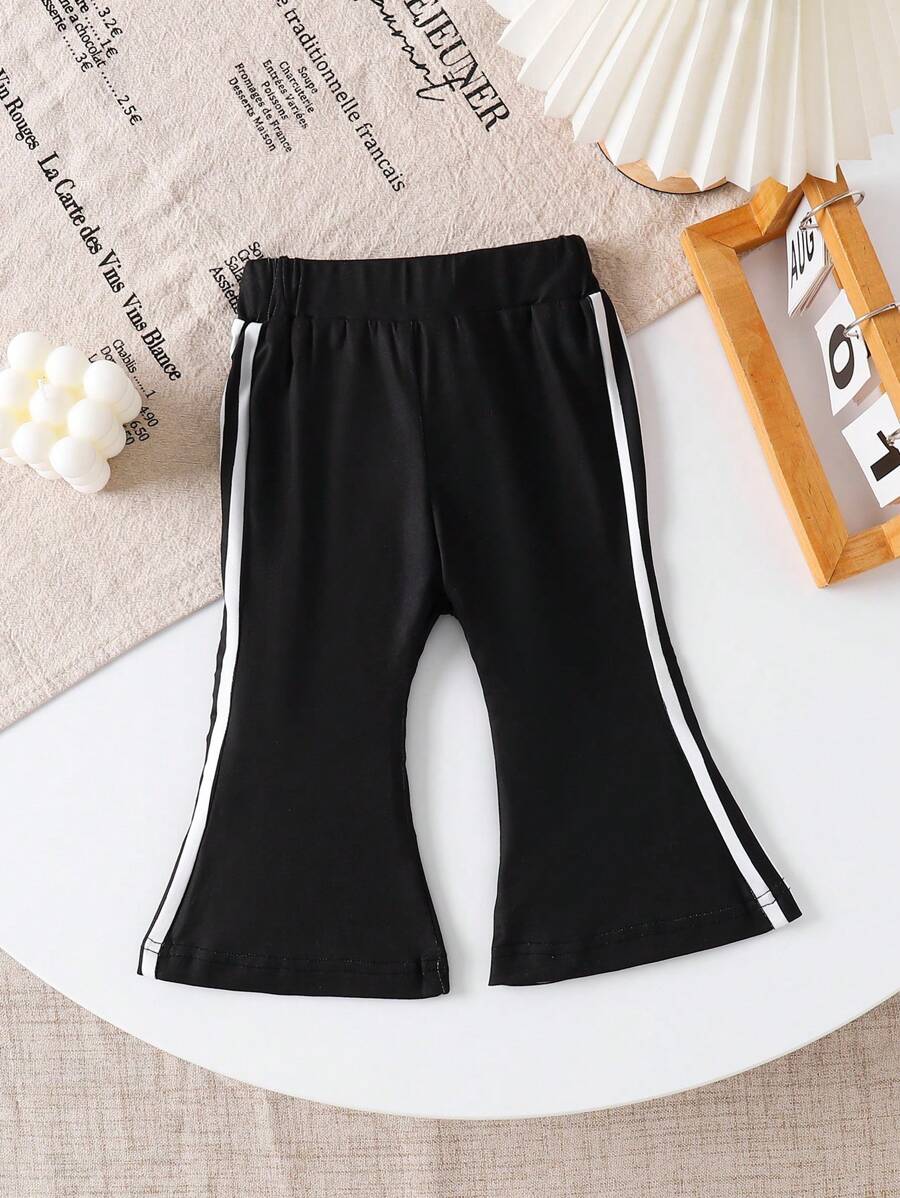 SHEIN Baby Girl Side Striped Print Flared Pants, Minimalist & Fashionable, Spring & Autumn - Black - View 1
