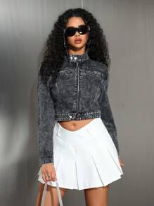 SHEIN EZwear Chaqueta vaquera minimalista de manga larga con cremallera delantera, para uso diario casual de mujeres