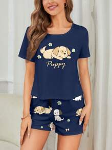 2pcs/Set Women Cute Puppy Pajama Set