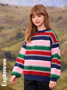 SHEIN Tween Girl Striped Round Neck Long Sleeve Casual Top, Everyday Wear