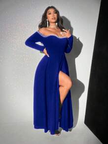 Viva Relle Vestido elegante de manga larga con hombros descubiertos, bajo con abertura y decoración de perlas para mujeres de talla grande - azul real - Ver 4