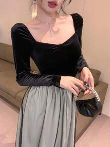 DAZY Lace Patchwork Sweet Heart Collar Long Sleeve Elegant Mid-Length Dress For Women,Fall Dress - Black - View 4