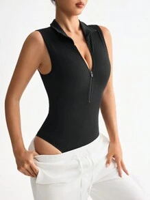 Easithlete Women's Solid Color Zipper Front Sleeveless Seamless Yoga Jumpsuit