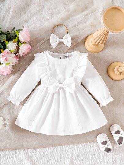 SHEIN Baby flickor våren vit rund hals långärmad spetskant rosett Patchwork klänning och pannband, retro söt stil lämplig för fest och bankett