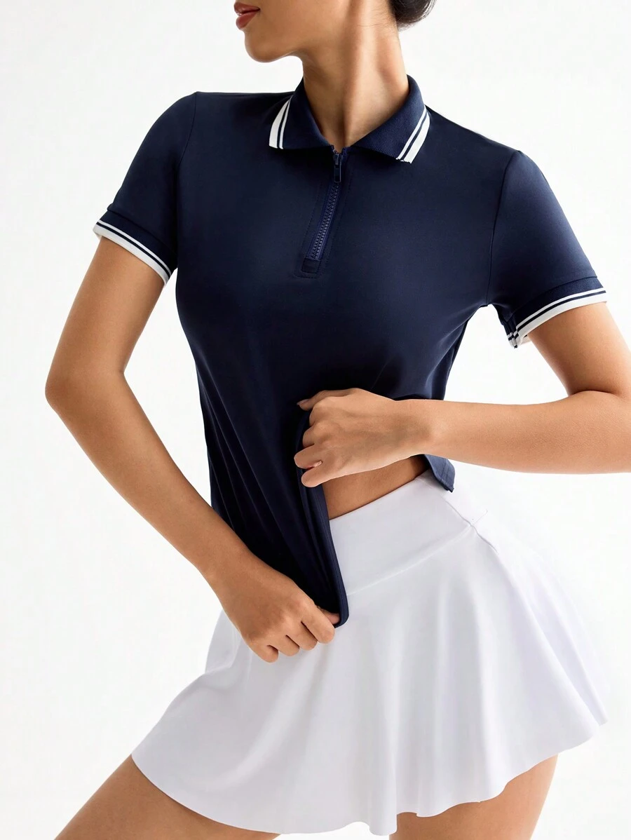 Easithlete Áo thun polo thể thao tay ngắn khóa kéo phía trước màu trơn cho nữ - Màu xanh hải quân - Xem 1