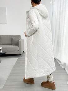 SHEIN EZwear White Woven Hooded Long Sleeve Zip-Up Long Winter Jacket For Women - White - View 2