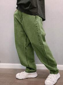 STEELVANCE Loose Fit Men's Slant Pocket Straight Leg Jeans - Army Green - View 5