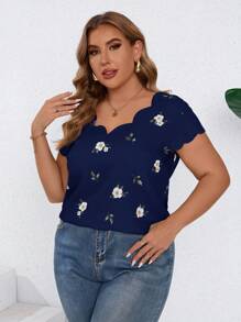 Reflora Camisa de verano tejida con estampado y ribete de concha para tallas grandes - Azul Marino - Ver 4