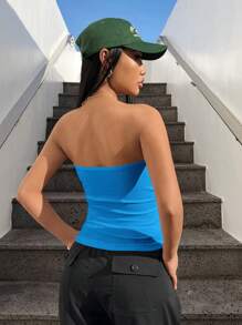 SHEIN EZwear 女士纯色贴身蓝色抹胸，休闲日常穿着 - 藍色 - 查看 2