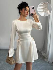 Chiquease Round Neck & Split Bell Sleeve Waist Tie Up Dress Satin Women Outfit Fall Cloth For Women