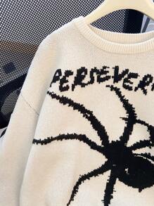 SHEIN Suéter de punto con estampado de araña de moda callejera casual, cómodo y versátil de cuello redondo y suelto para adolescentes varones. Apto para homecoming, renacimiento, atuendos de otoño, ropa de adolescentes varones, chaquetas de otoño, atuendos de otoño para otoño/invierno