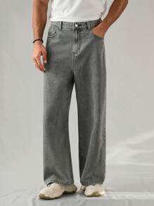 Manfinity Hypemode Men's Light Grey Baggy Jeans, Relaxed Fit Wide Leg Pants - Light Grey - View 3