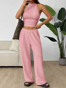 SHEIN EZwear Bộ đồ bó sát thường ngày dệt kim màu hồng dành cho nữ - Hồng - Xem 4
