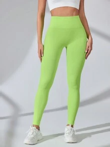Solid Color High Waist Seamless Yoga Leggings - Green - View 3