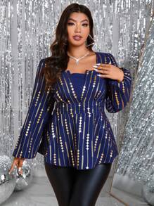Allurite Plus Size Silver Foil Fabric Cut-Out Detail Waisted A-Line Long Sleeve Shirt Peplum Top - Multicolor - View 4