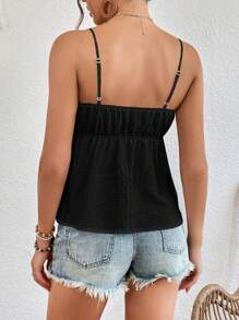 SHEIN VCAY Floral Embroidery Knot Front Peplum Cami Black Top Babydoll Top - Black - View 2