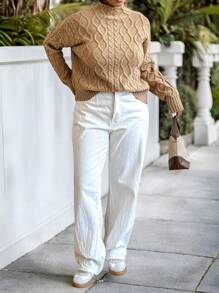 Calvaya Plus Size Women's Solid Color Mock Neck Drop Shoulder Long Sleeve Pullover Sweater, Autumn/Winter Knit Pullover Fall - Camel - View 5
