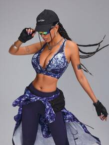 Innovista Sujetador deportivo con diseño abstracto impreso, acabado cepillado y fruncido, con logotipo. Sujetador push-up, camiseta deportiva, top hueco, de alta elasticidad, para fiestas, salidas y festivales - Multicolor - Ver 5