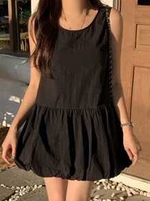 DAZY 女式纯色休闲圆领无袖短款泡泡袖连衣裙，春夏，迷你连衣裙 - 黑色 - 查看 1