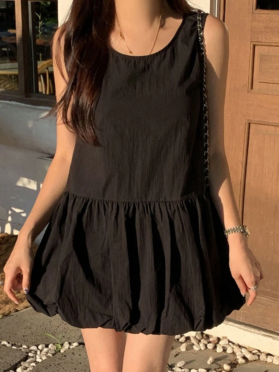 DAZY 女式纯色休闲圆领无袖短款泡泡袖连衣裙，春夏，迷你连衣裙 - 黑色 - 查看 1
