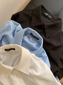 Comfortcana Camisa casual feminina com bolso e manga comprida e botões frontais de cor sólida - Multicolorido - Ver 6