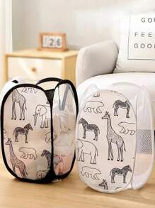 1 件可爱动物印花网状洗衣篮 - 透气可折叠弹出式衣物篮，适用于脏衣服、玩具和储物 | 可折叠节省空间的设计，坚固的手柄 | 卡通图案（随机白色） - 非常适合儿童房、宿舍、旅行