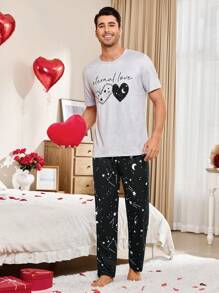 CoupledUp 2pcs/Set Men Heart & Letter Print Space Pajamas Set