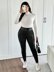 SHEIN Frenchy Plus Size Women Leopard Print High Waist Skinny Leggings, Winter