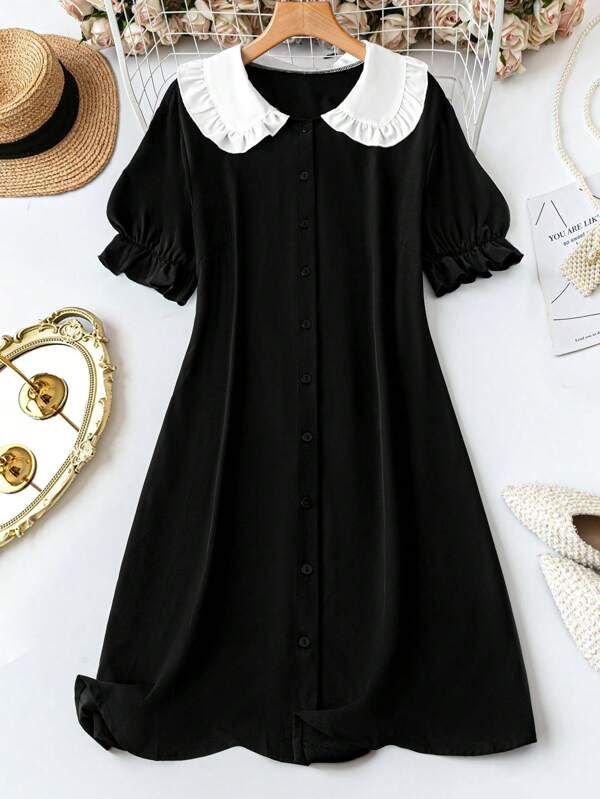 EMERY ROSE Casual Elegant Cute Women's Fashion Versatile Hot Item Solid Color Fabric Peter Pan Collar Cardigan, Elastic Short Sleeve Colorblock Black & White Design Long Dress, Plus Size, Suitable For Spring, Summer, Autumn