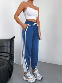 EURMUSE 95% Cotton Contrast Tape Drawstring Waist Slant Pocket Sweatpants - Blue - View 5