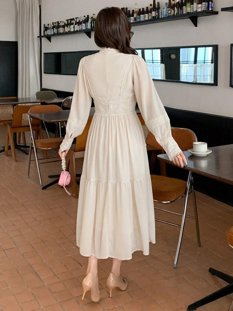 Spring Elegant Wedding Guest Dress, Stand Collar Puff Sleeve Lace Patchwork Midi Dress For Women,Fall Dress Long Sleeve Dress
