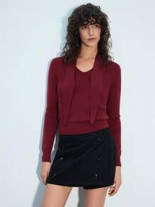 Maija Women Solid Color Long Sleeve Casual Sweater, Minimalist Fashion For Everyday Wear Valentine's Day,Festival - Burgundy - View 6