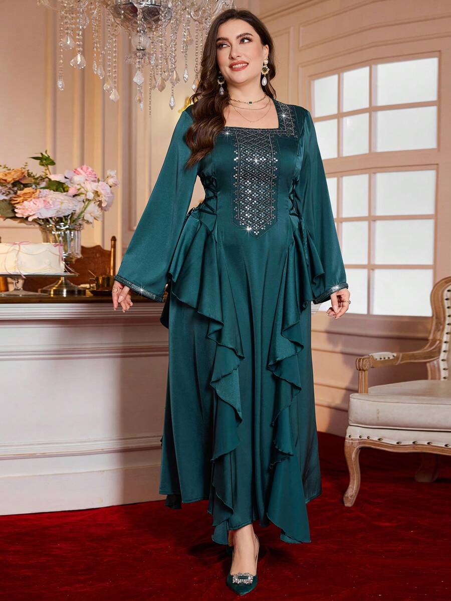 Al Najma 全新时尚方领长袖刺绣亮片侧系腰修身连衣裙 - 墨綠色 - 查看 1