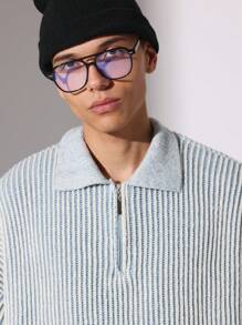 SUMWON Designer Ribbed Knit Quarter Zip Pullover Sweater Chunky Knit Polo Winter Autumn Heavyweight Cozy Textured Classic Preppy Casual Streetwear - Blue - View 6