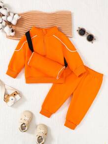SHEIN 3 stuks baby/peuter casual sport comfortabele oranje hoodie outfit set met tas, stijlvol en trendy voor dagelijks gebruik, vakantie, school, bijeenkomsten, geschikt voor lente, herfst en winter
