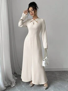 SHEIN Essnce Women Long Satin Dress, Metal Clasp Hollow-Out Dress, Long Sleeve Dress,Spring - Beige - View 8