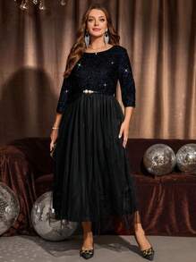 EMERY ROSE 大码女式纯色拼布圆领长袖休闲连衣裙 - 藍色 - 查看 4