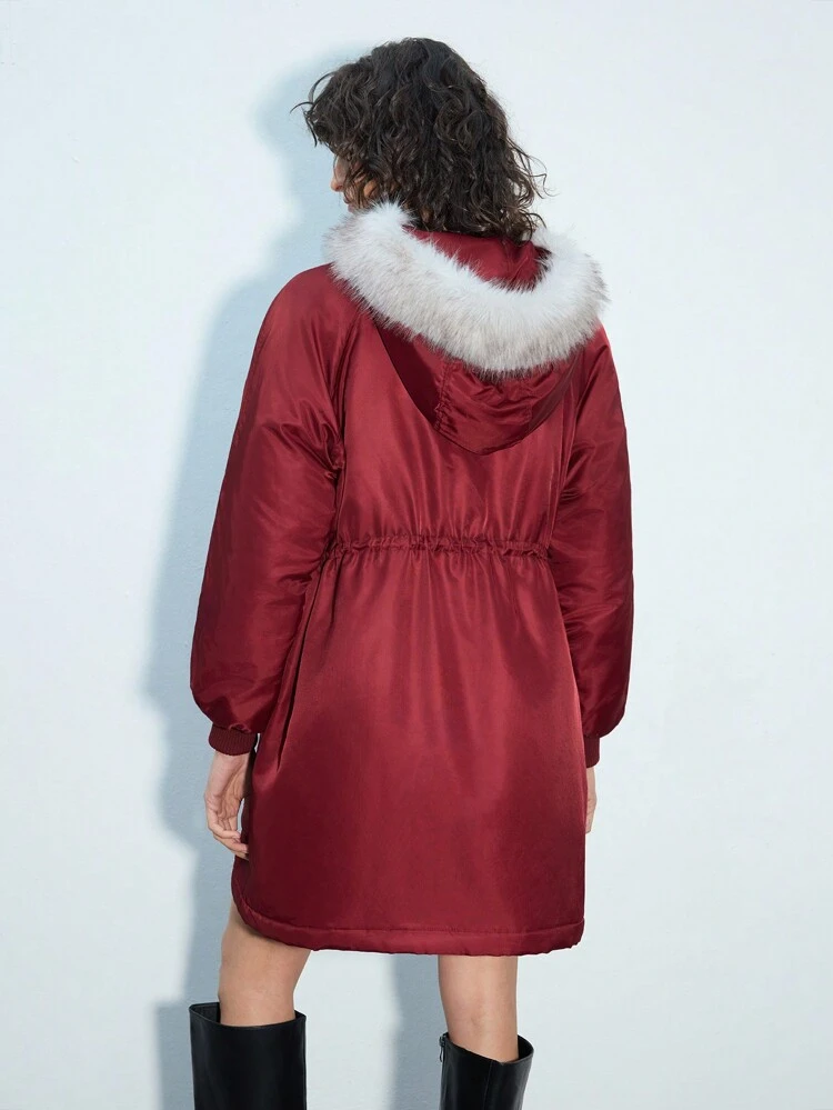 SHEIN Maija Women's Red Fur Collar Zip-Up Waist Ruched Front Button Pocket Cuff Elastic Hem Casual Loose Long Padded Coat, Early Spring