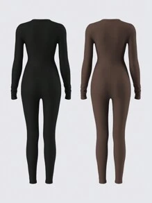 SHEIN BASICS 2件套纯色针织紧身连体裤，休闲 - 彩色 - 查看 2