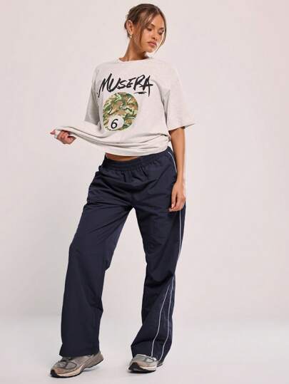 MUSERA Elasticated Waist Drawstring Straight Leg Trousers Summer Casual Cute Vacation  Airport    Work Office Pants