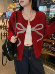 DAZY 女士秋冬新款蝴蝶结圆领针织开衫，宽松百搭毛衣外套，秋季女装圣诞节，新年 - 紅色 - 查看 5