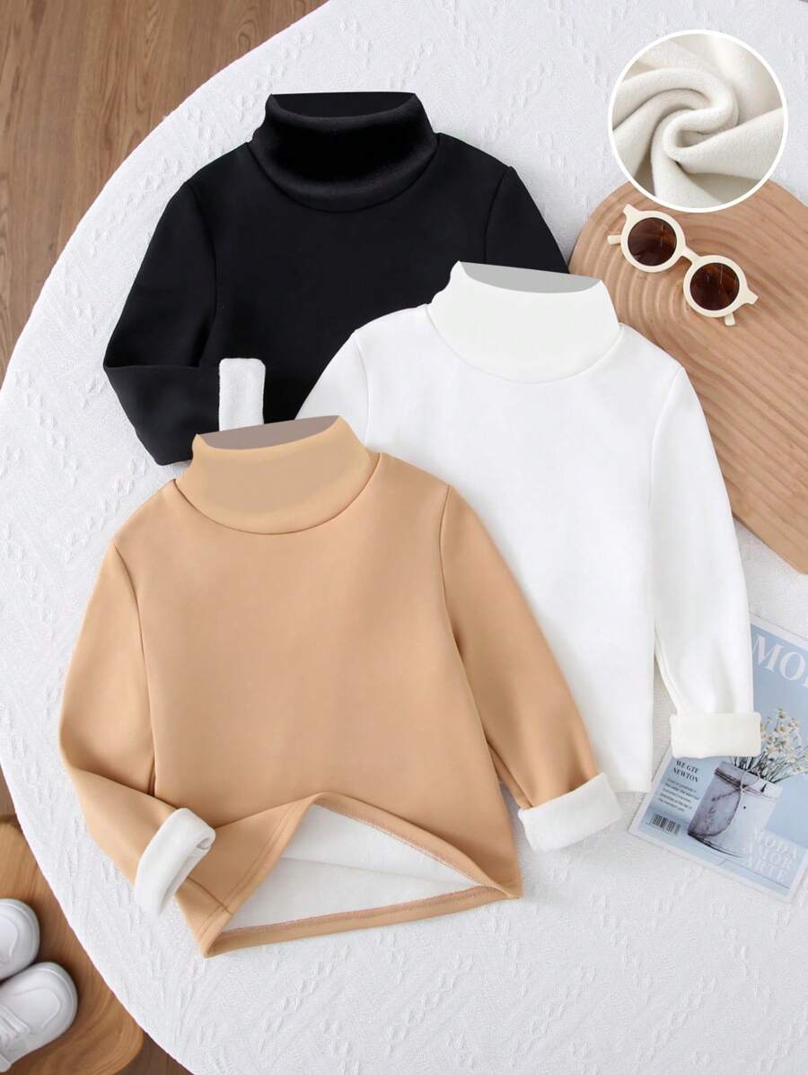 SHEIN Leap Crew Tween 女童休闲舒适立领长袖保暖衬里 T 恤，多件装 - 彩色 - 查看 1