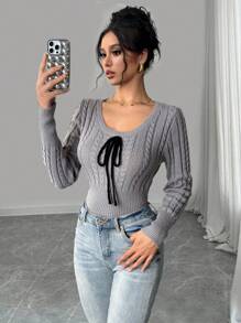 SHEIN Unity 欧美秋冬新款时尚博主同款U领撞色蝴蝶结扭绳3D针织上衣套头衫 - 灰色 - 查看 4