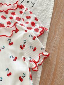 SHEIN LMoss Kids 2件套新生女婴夏季可爱针织花卉卡通印花短袖连体衣套装，带按扣开口图案