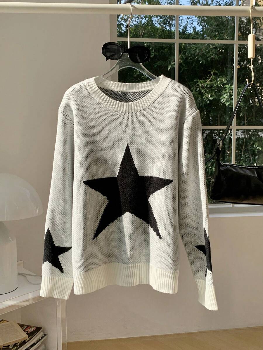 SHEIN EZwear Women's Casual Round Neck Long Sleeve Star Pattern Sweater, Autumn/Winter - Apricot - View 1