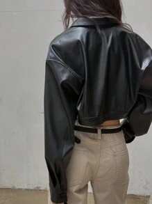 DAZY 女士纯色前扣长袖休闲 PU 皮夹克，日常穿着，秋季服装 - 黑色 - 查看 5