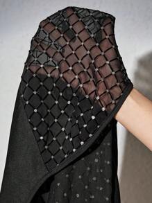 SHEIN Unity T-shirt moulant à col en V profond, pailleté, avec maille plissée. Mode sexy, polyvalent pour un usage quotidien - Noir - Voir 7