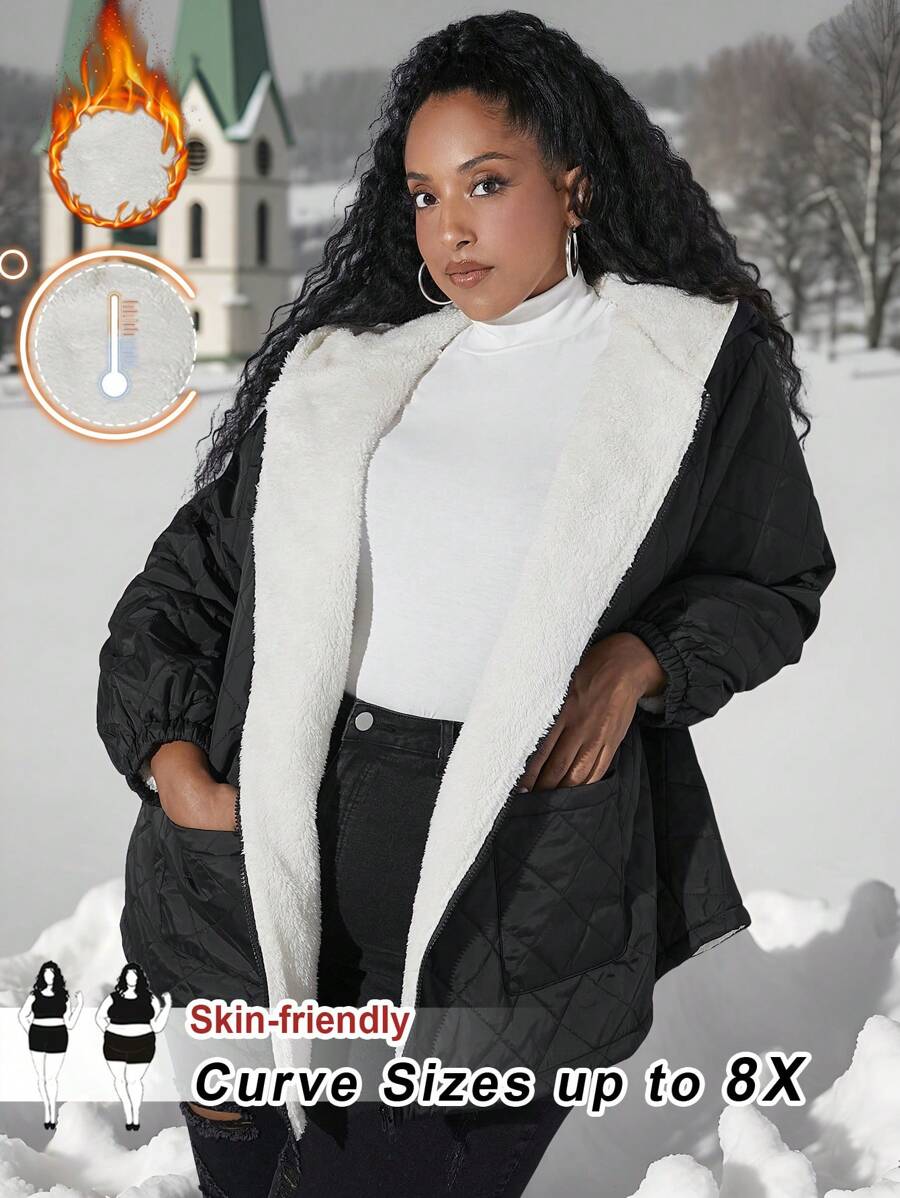 SHEIN CURVE+ Dual Pocket Drop Shoulder Hooded Teddy Lined Quilted Coat Flannels Curve Plus - Black - View 1