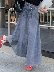 DAZY 1 pièce Jupe en jean casual longue avec taille asymétrique et double poche pour femmes - Bleu azur - Voir 3