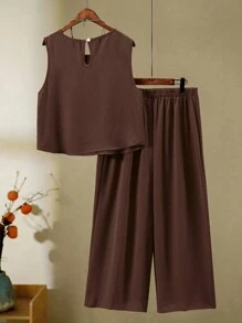 Women Plus Size Sleeveless Solid Color Vest And Pants 2 Pieces Set, Textured - Chocolate Brown - View 2